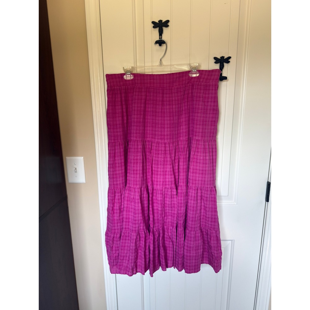 LC Lauren Conrad Womens Pink Plaid Tiered Maxi Skirt XL Magenta Boho Skirt